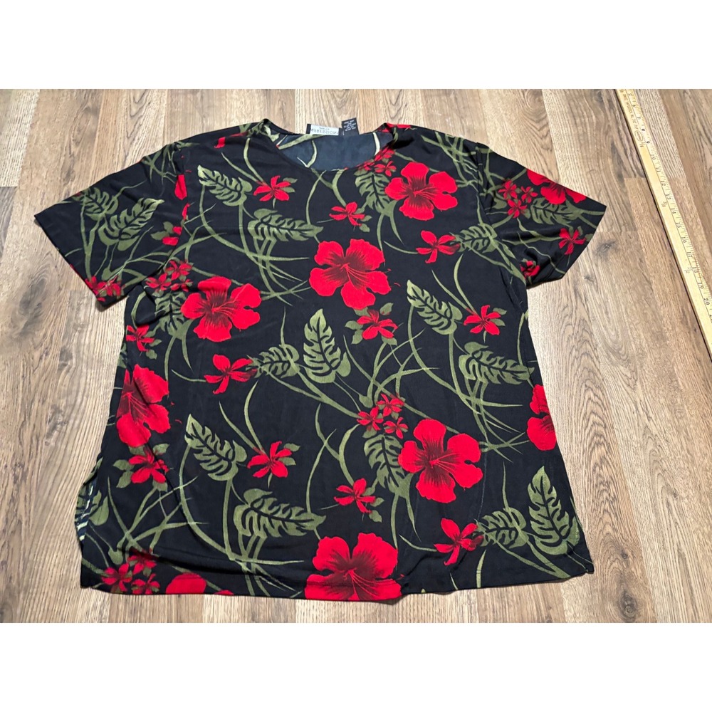 Impressions Lifestyle Shirt Women Size L Black Red Floral Hibiscus Tropical